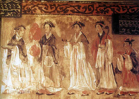 A mural showing women dressed in traditional Hanfu silk robes, from the Dahuting Tomb of the late Eastern Han dynasty (25–220 AD)