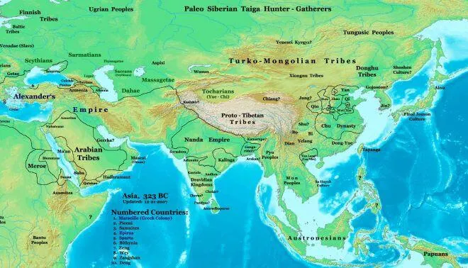 Asia in 323 BC, the Nanda Empire and Gangaridai Empire of Ancient India in relation to Alexander's Empire and neighbors