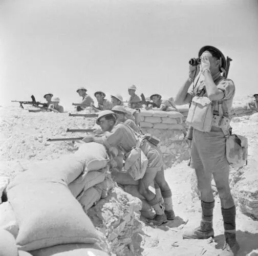 British infantry manning a sandbagged defensive position near El Alamein - First Battle of El Alamein