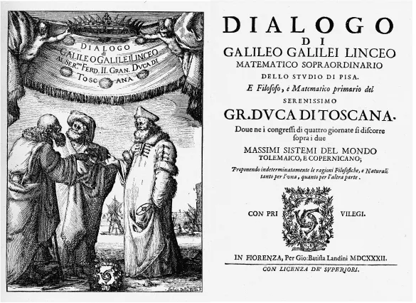 Dialogue Concerning the Two Chief World Systems - Frontispiece and title page of the Dialogue, 1632