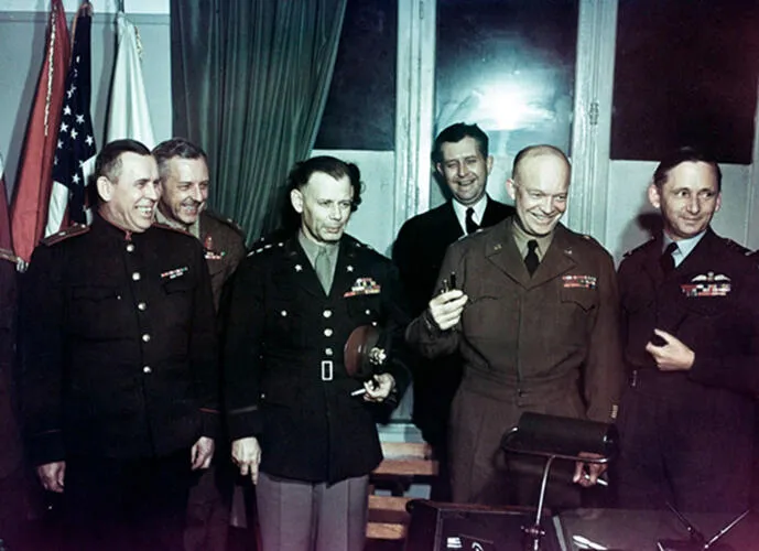 Eisenhower with Allied commanders following the signing of the German Instrument of Surrender at Reims