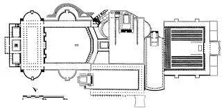 Floor plan of the Forum of Trajan. On the left side of the floor plan are the two library rooms - Ulpian Library