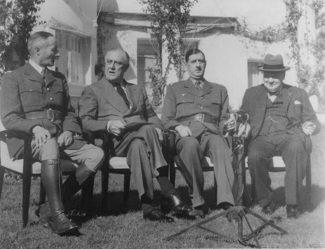 Henri Giraud and  Charles De Gaulle and  Franklin D. Roosevelt and Winston Churchill