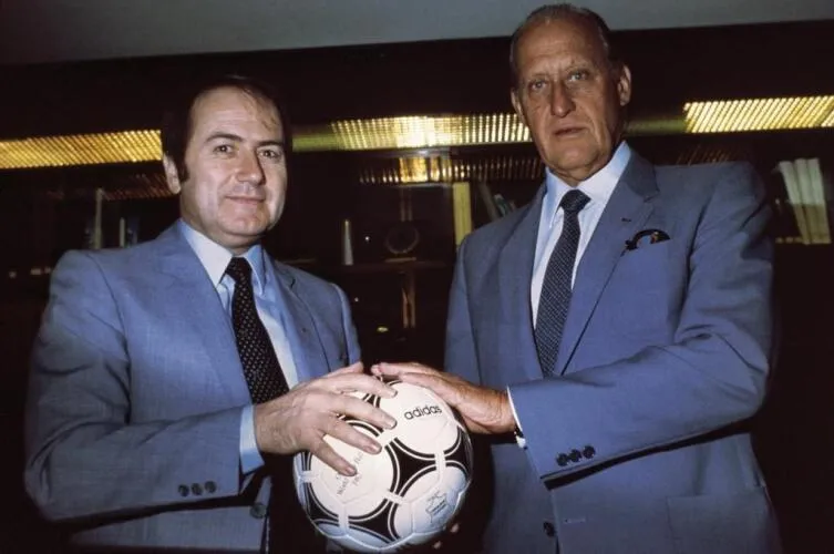 Joseph "Sepp" Blatter, General Secretary of FIFA, and João Havelange, President of FIFA, holding the Adidas Tango España Image