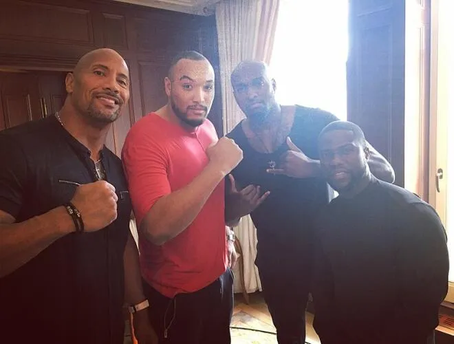 Kevin Hart with Dwayne Johnson and German rapper Albert Trovato