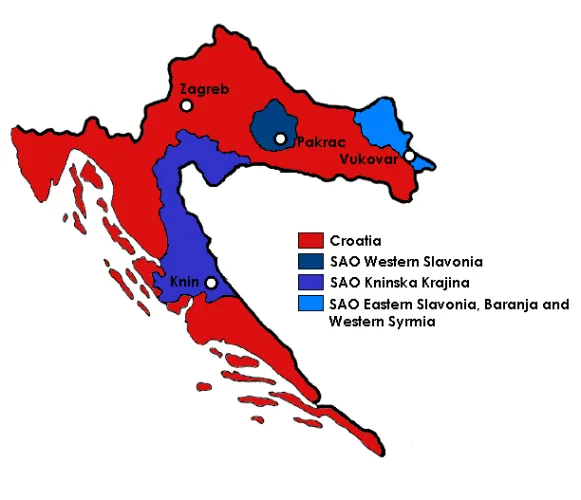 Map of Croatia in 1990,with the autonomous regions