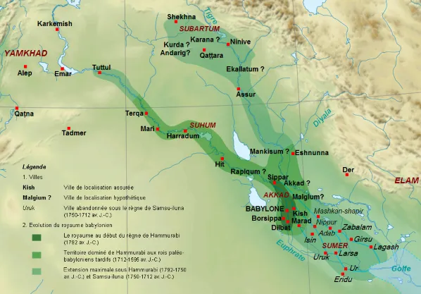 Map of the Old Babylonian Empire under Hammurabi (r. c. 1792–1750 BC)