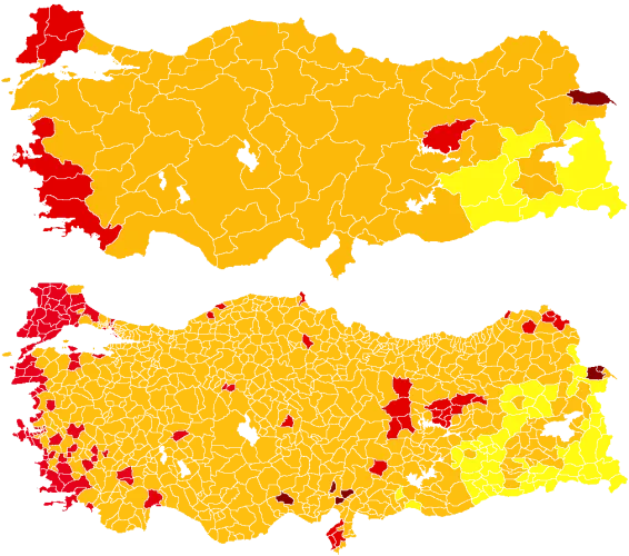 map showing the voting intentions of Turkey (provinces in top and districts in bottom)  by party in the 2011 general elections - image
