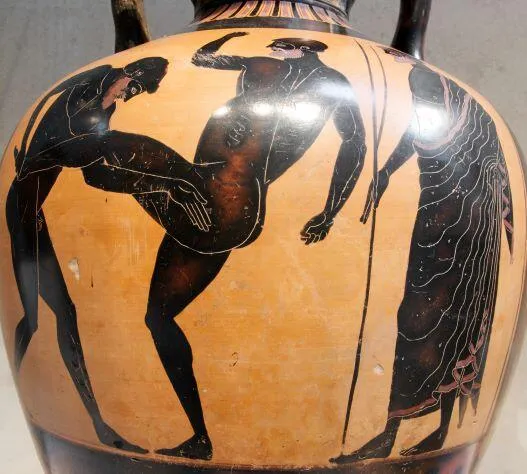 Pankratiasts fighting under the eyes of a judge. Side B of a Panathenaic prize amphora, c. 500 BC
