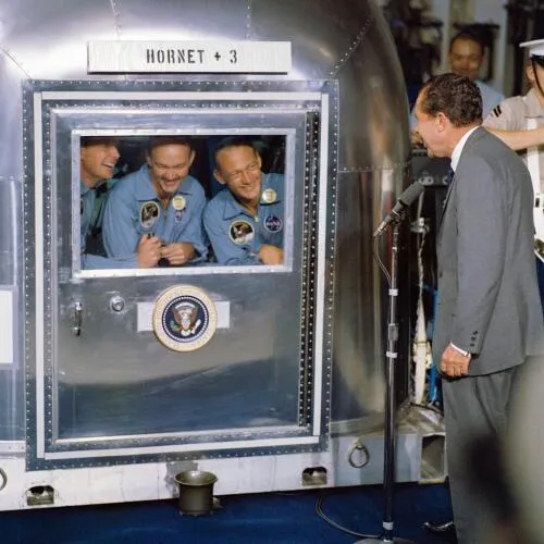 President Nixon welcomes the Apollo 11 astronauts aboard the U.S.S. Hornet - image