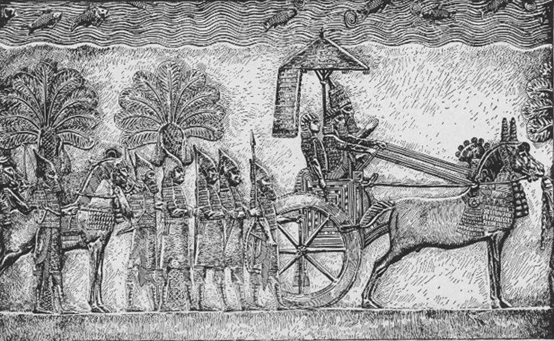 Sennacherib of Assyria during his Babylonian war, relief from his palace in Nineveh