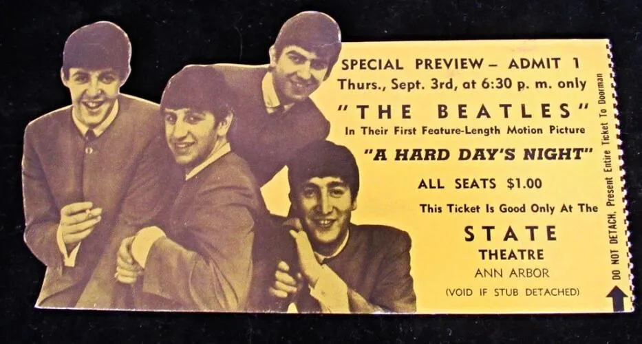 Special preview of the Beatles' first movie, 'A Hard Day's Night' -- used souvenir ticket from the State Theatre, Ann Arbor, Michigan Image