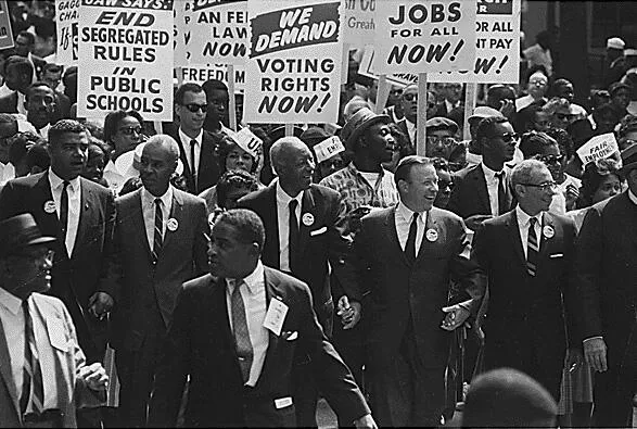 The 1963 March on Washington participants and leaders marching from the Washington Monument to the Lincoln Memorial