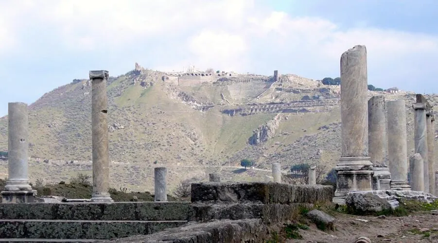The acropolis of Pergamum, seen from the Via Tecta at the entrance to the Asklepion - Library of Pergamum