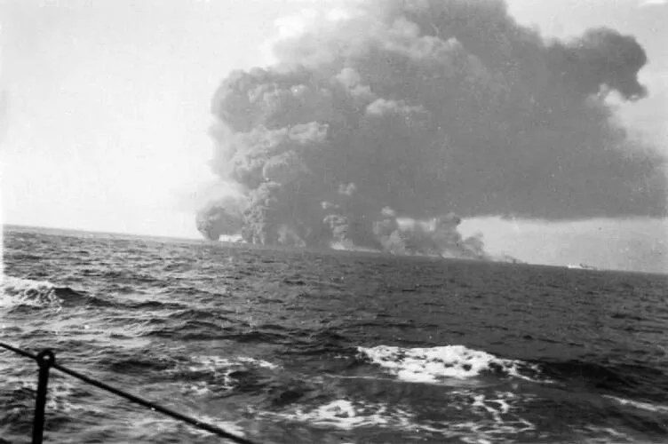 The merchantship SS Waimarama explodes after being bombed - Operation Pedestal