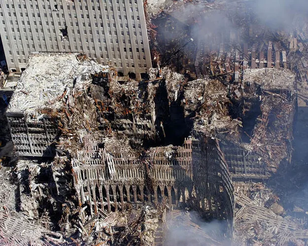 The remains of 6, 7, and 1 WTC on September 17, 2001