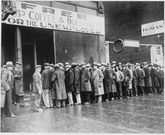 Unemployed men outside a soup kitchen in Depression-era