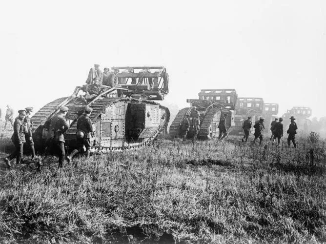 WWI Image (British Mark V Tanks With Crib Fascines 1918)