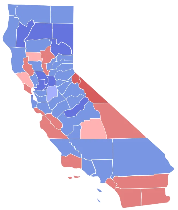 1962 California gubernatorial election results (Blue:Pat Brown ,Red: Richard Nixon) -  image