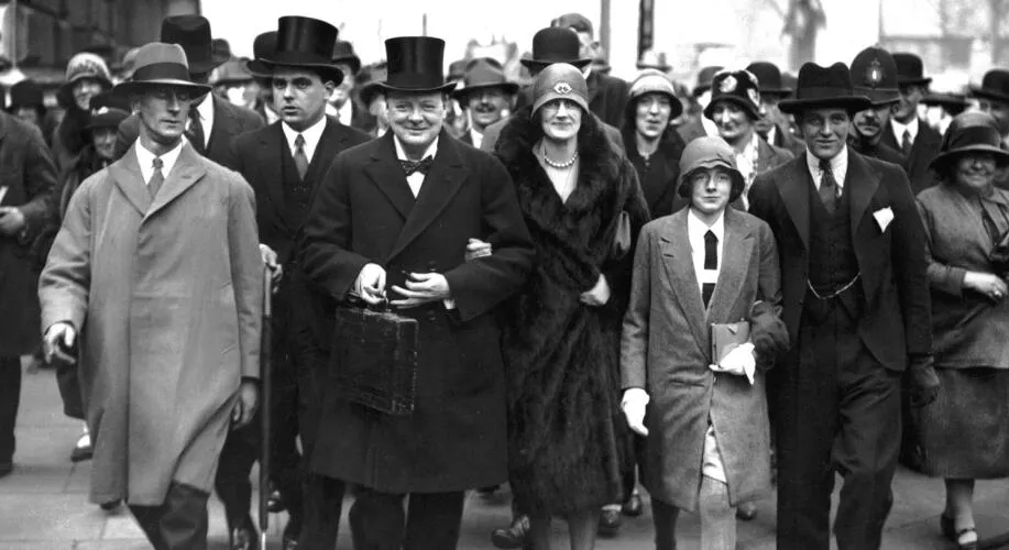 Churchill on Budget Day with his wife Clementine and children Sarah and Randolph