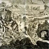 Depiction of the earthquake in an engraving from 1696, possibly showing Catania - 1693 Sicily earthquake