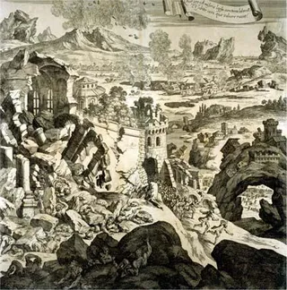 Depiction of the earthquake in an engraving from 1696, possibly showing Catania - 1693 Sicily earthquake