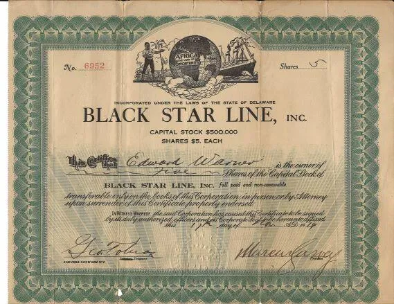 A certificate for stock of the Black Star Line