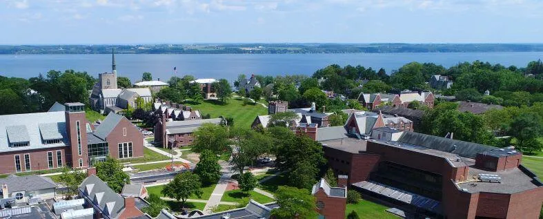An aerial view of the Hobart and William Smith Colleges campus and Seneca Lake