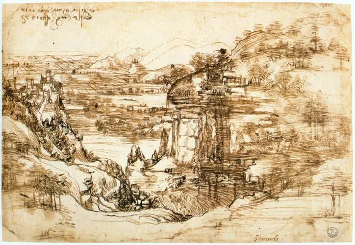 Pen-and-ink drawing of the Arno valley