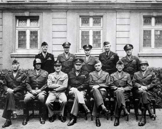 From left, front row includes army officers Simpson, Patton, Spaatz, Eisenhower, Bradley, Hodges and Gerow in 1945