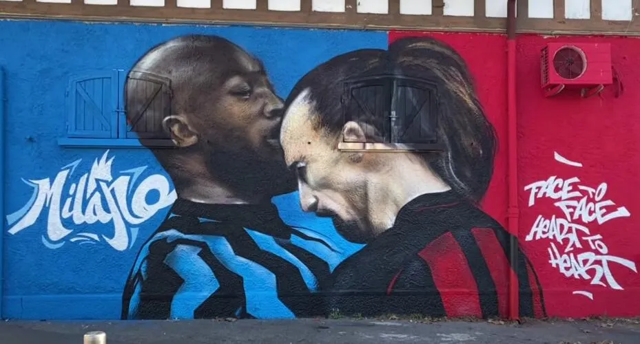 Mural nearby San Siro stadium of their clash with inscription in right corner: "Face to face, heart to heart"