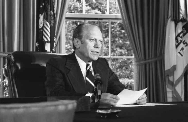 President Ford announcing his decision to pardon Nixon - image