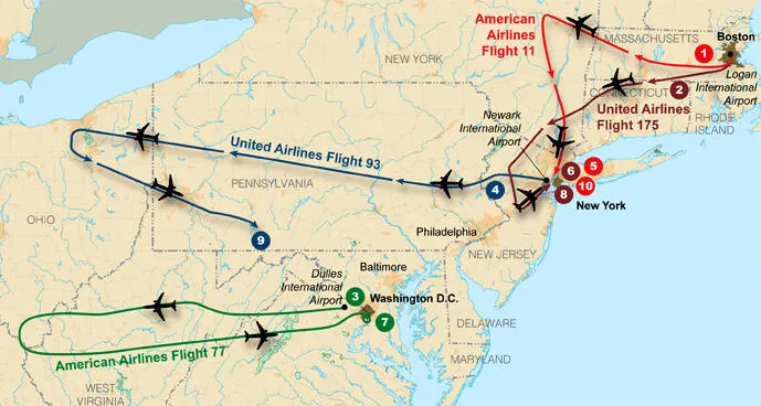 Flight paths of the four planes used on September 11