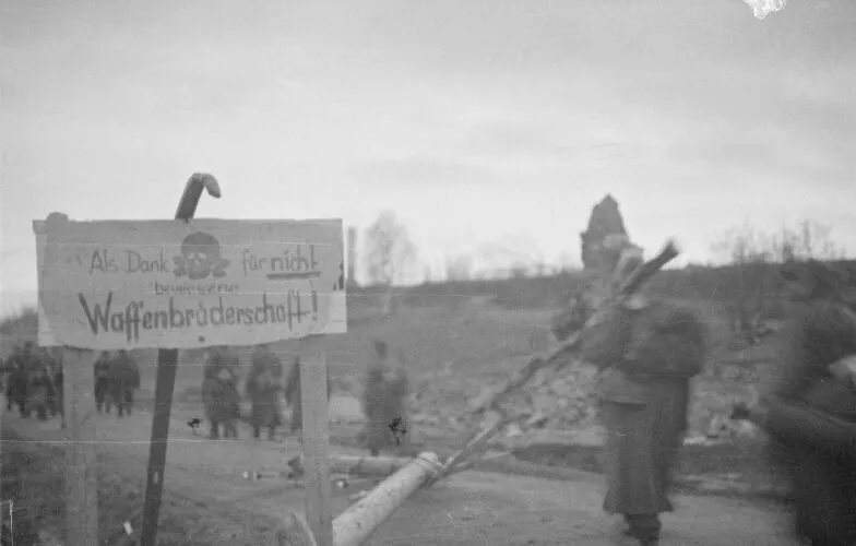 Picture of a sign the Germans left in Muonio, Lapland: "As a thanks for not demonstrating brotherhood in arms"