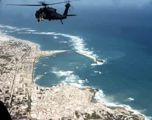 Super Six-Four, one of the Black Hawks which would be shot down, above Mogadishu