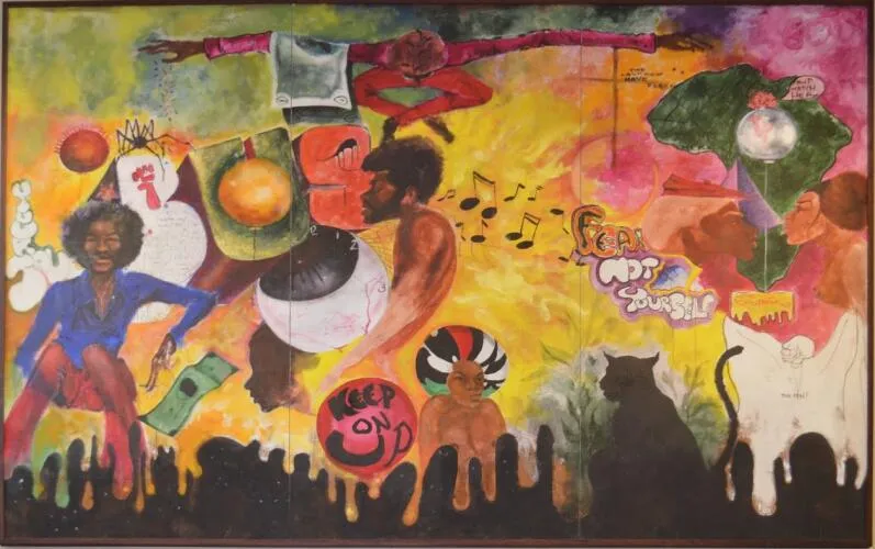 A painting dedicated to the founders of Black History Month, the Black United Students at Kent State University, by Ernie Pryor