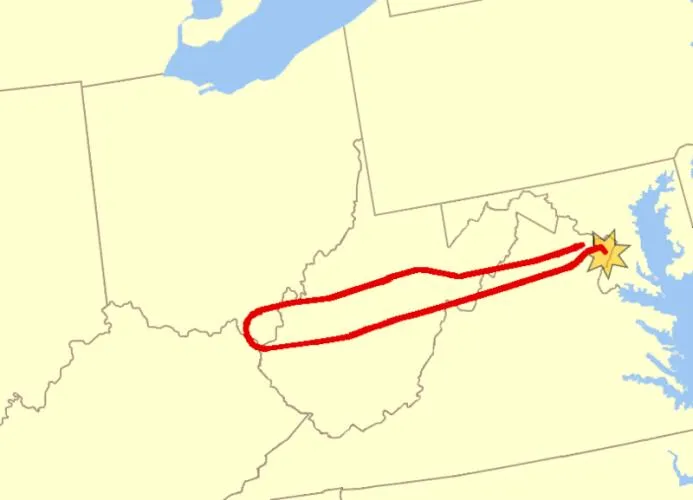 Flight path of United Airlines Flight 77 on September 11, 2001