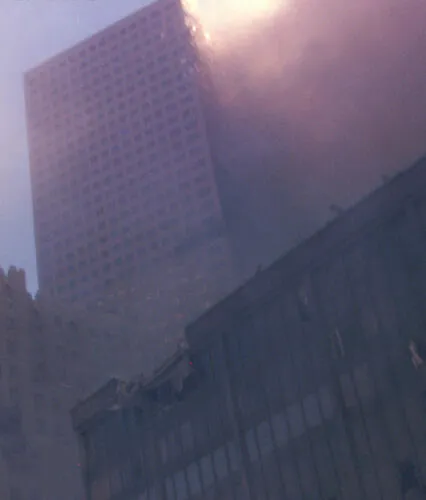 7 World Trade Center on fire after the collapse of the Twin Towers on 9/11