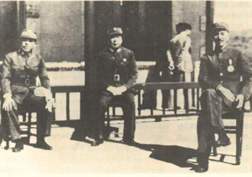 The three principals involved in the Xi'an Incident: Zhang Xueliang, Yang Hucheng, and Chiang Kai-shek