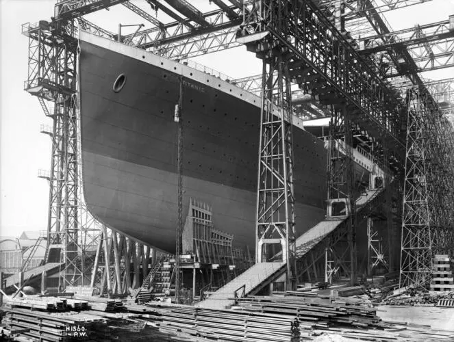 The RMS Titanic ready for launch The ship was constructed on Queen's Island, now known as the Titanic Quarter, in Belfast Harbour where was part of the Harland and Wolff shipyard