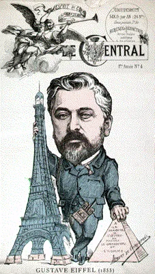 Caricature of Gustave Eiffel comparing the Eiffel tower to the Pyramids