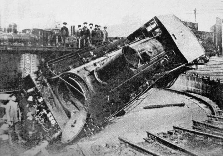 (1905 Russian Revolution) A train overturned by striking workers at the main railway depot in Tiflis