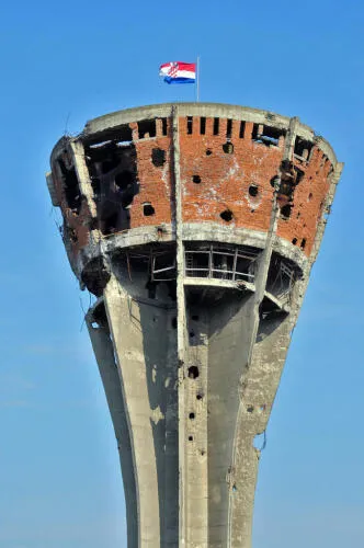 Vukovar water tower during the Battle of Vukovar - image