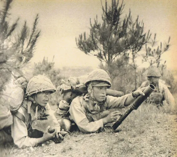 A Japanese soldier with 50mm heavy grenade discharger during the Zhejiang-Jiangxi Campaign