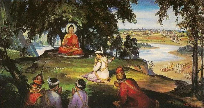 Bimbisara, depicted in Burmese art, offering his kingdom to the Buddha