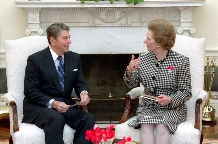 President Reagan meeting with Prime Minister Margaret Thatcher of the United Kingdom in the oval office.