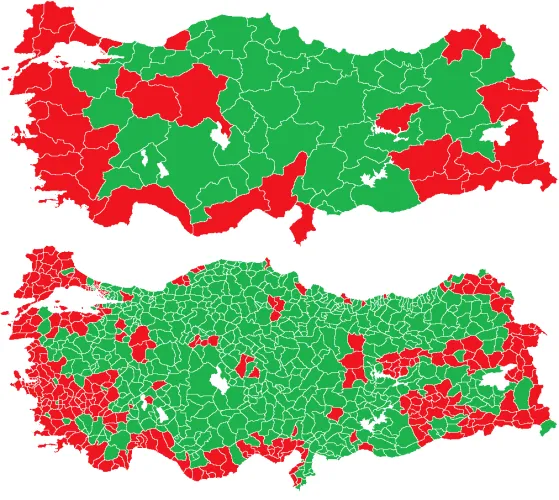 Turkish constitutional referendum 2017 results (provinces in top and districts in bottom) - image