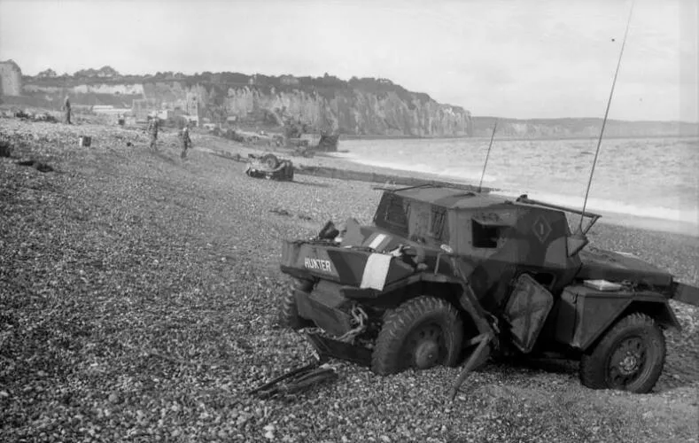 An abandoned British Daimler Dingo on the beach - Dieppe Raid