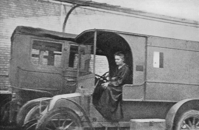 Curie in a mobile X-ray vehicle c. 1915