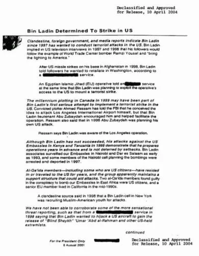 Excerpt from the declassified copy of the President's Daily Brief, dated August 6th, 2001